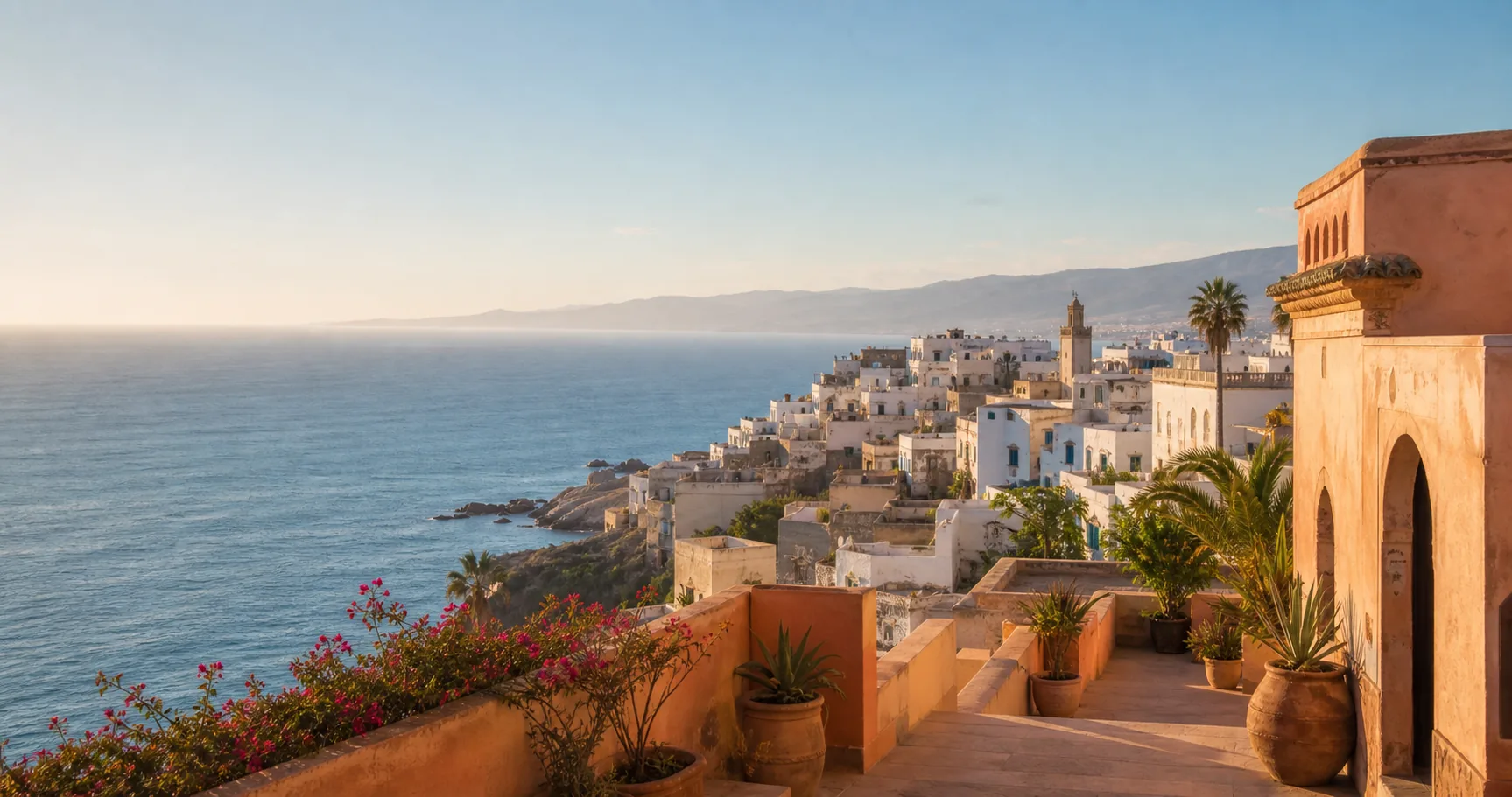 Ville côtière méditerranéenne illustrant les destinations du Maghreb