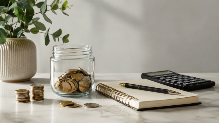 Pièces, calculatrice et carnet pour gérer son budget