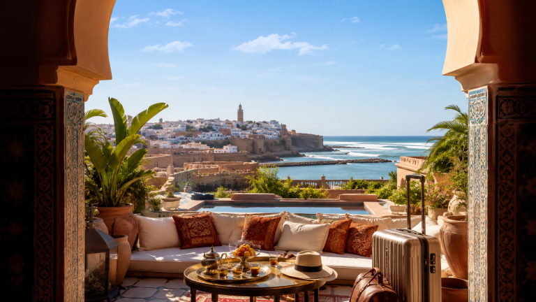 Terrasse d’inspiration maghrébine surplombant la mer et une ville côtière